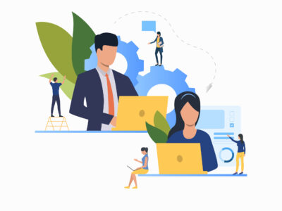 Organization flat icon. Person working at laptop, company structure, unit, department. Teamwork concept. Can be used for topics like leadership, unity, distance work